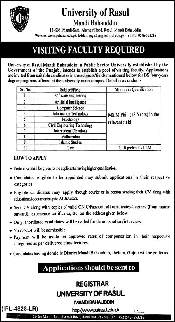 Jobs in University of Rasul Mandi Bahauddin